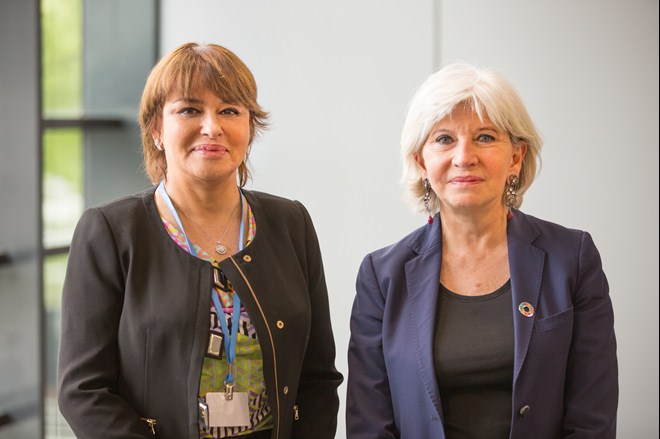 Hakima El Haite, Minister Delegate to the Minister of Energy, Mines, Water and Environment of Morocco and French Ambassador for Climate Change Laurence Tubiana. Image: UN